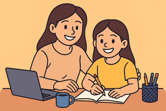 Mother helping daughter write in notebook at home, symbolizing support for young entrepreneurs. Let me know if you'd like a version focused more on education, parenting, or creativity.