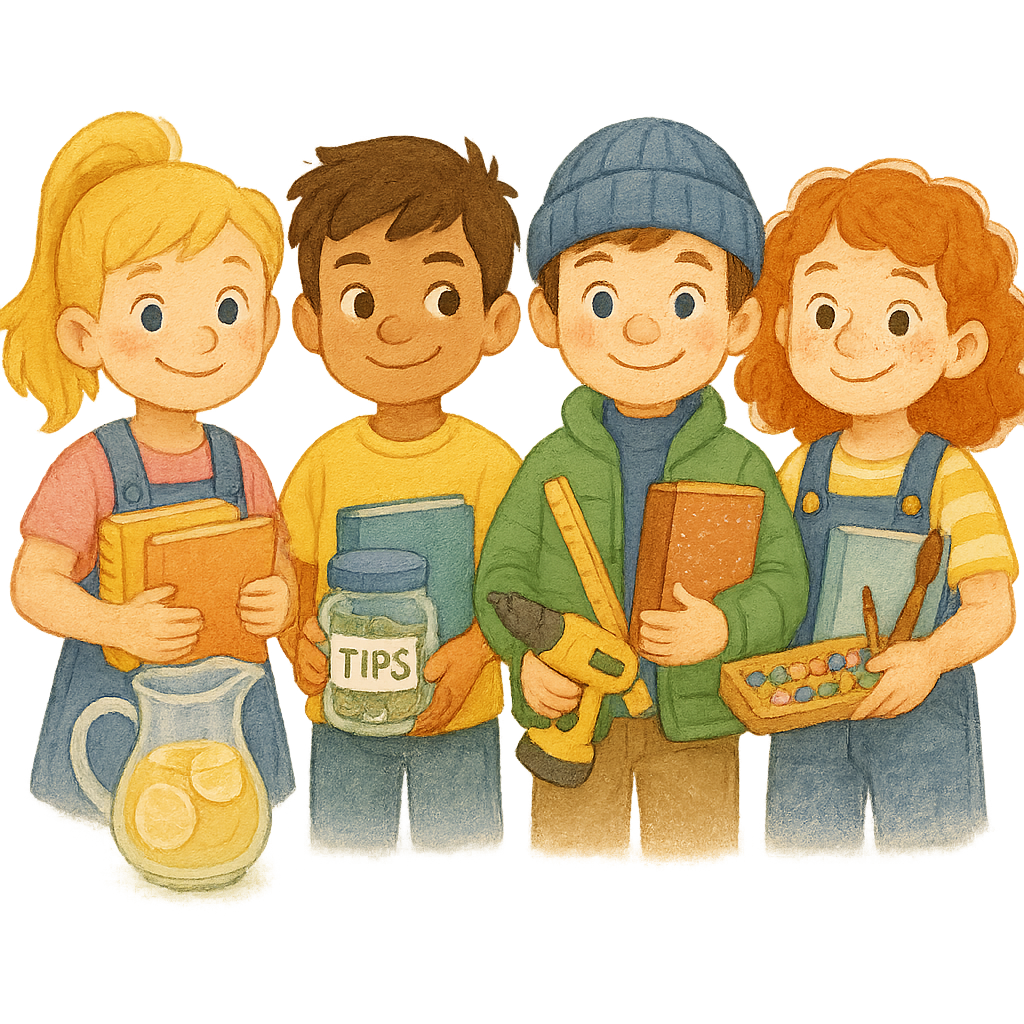 Illustration of four kids with lemonade, tip jar, drill, and art supplies, representing Lemonade Stand Kids and small business skills.