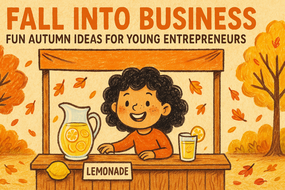 Hand-drawn autumn illustration of a smiling child running a lemonade stand under colorful fall trees. The stand features a pitcher and glass of lemonade with floating lemon slices, surrounded by orange leaves, pumpkins, and cozy seasonal tones.