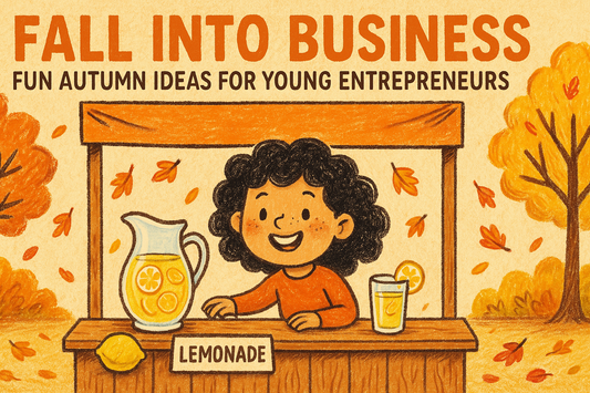 Hand-drawn autumn illustration of a smiling child running a lemonade stand under colorful fall trees. The stand features a pitcher and glass of lemonade with floating lemon slices, surrounded by orange leaves, pumpkins, and cozy seasonal tones.