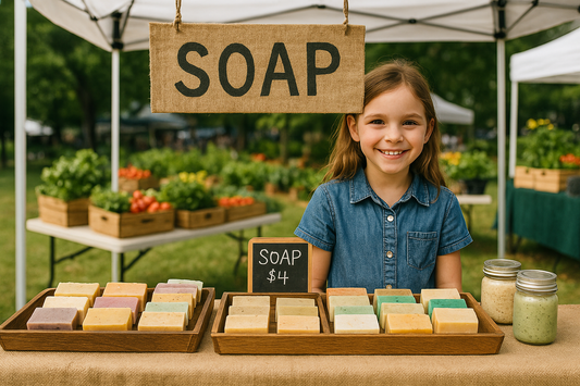 Young girl selling handmade soap at a farmer’s market booth – kid entrepreneur idea from Lemonade Stand Kids summer business guide.