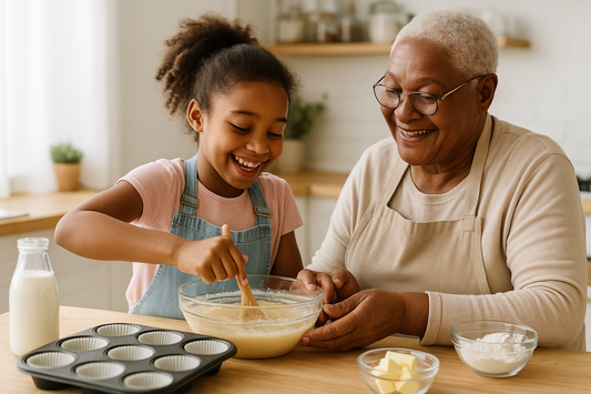 Young girl baking cupcakes with her grandmother – kid entrepreneur learning to start a baking business from home. Family-friendly cooking and business skills.