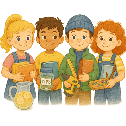 Illustration of four kids with lemonade, tip jar, drill, and art supplies, representing Lemonade Stand Kids and small business skills.